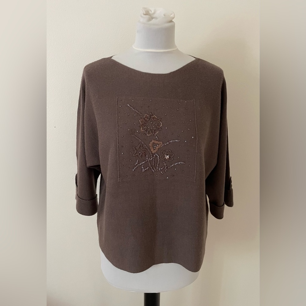 Baluchi Women Sweater F One Size Fits All Brown Beaded Wool Blend 3/4 Sleeves